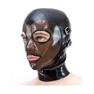 CHBYUOMLJIK Latex Mask Rubber Hood Cosplay Headgear with Detachable Blindfold and Mouthfold Back Zip Handmade,Black,XL
