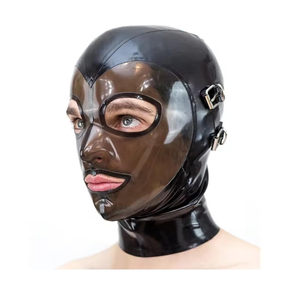 CHBYUOMLJIK Latex Mask Rubber Hood Cosplay Headgear with Detachable Blindfold and Mouthfold Back Zip Handmade,Black,XL