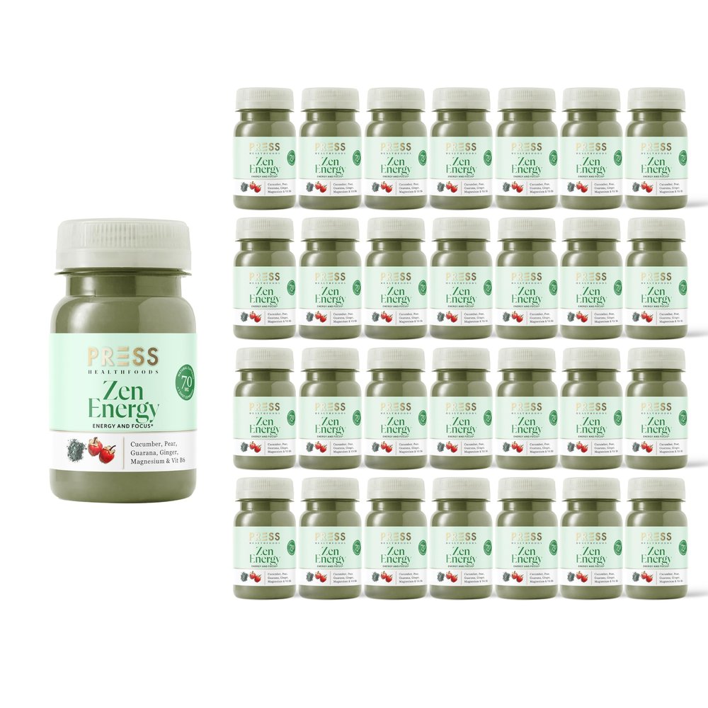 PRESS Healthfoods Zen Energy Shot 28x100ml | Natural Energy Drink with Pear, Cucumber, Ginger & Lemon | 70mg Natural Caffeine from Guarana | Magnesium & Vitamin B6 | Clean Focus Boost with No Crash