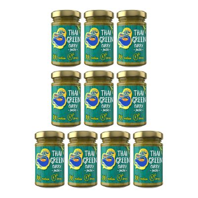 Thai Green Curry Paste, Medium Heat, Vegan Cooking Paste with Lemongrass and Lime Leaves, 170g Glass Jars, Pack of 10