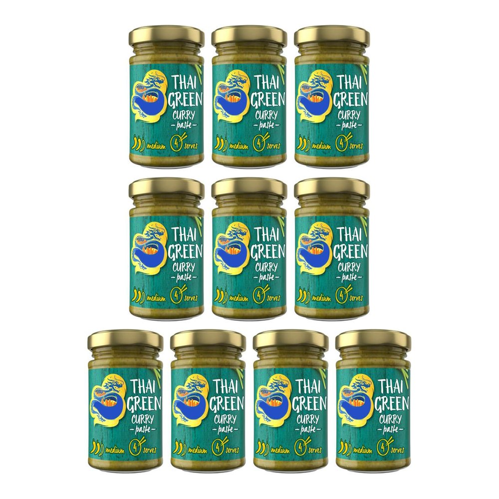 Thai Green Curry Paste, Medium Heat, Vegan Cooking Paste with Lemongrass and Lime Leaves, 170g Glass Jars, Pack of 10