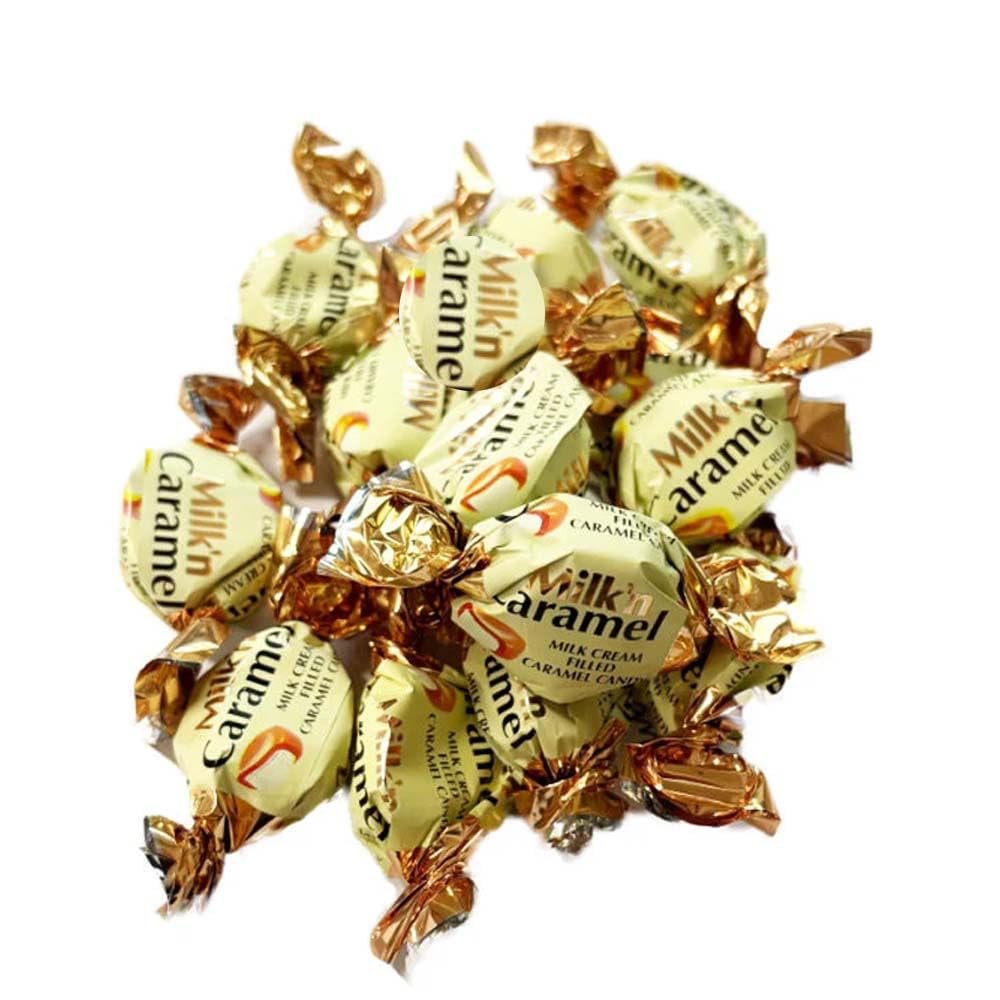 Assorted Candy Collection Butterscotch, Chocolate Eclairs, Magic Fruit Chewies, Toffee Sticks, Milk & Caramel Toffees, Sour & Fruit Chews, Jellies, Honey (1000g, Wrapped Milk & Caramel Toffees)