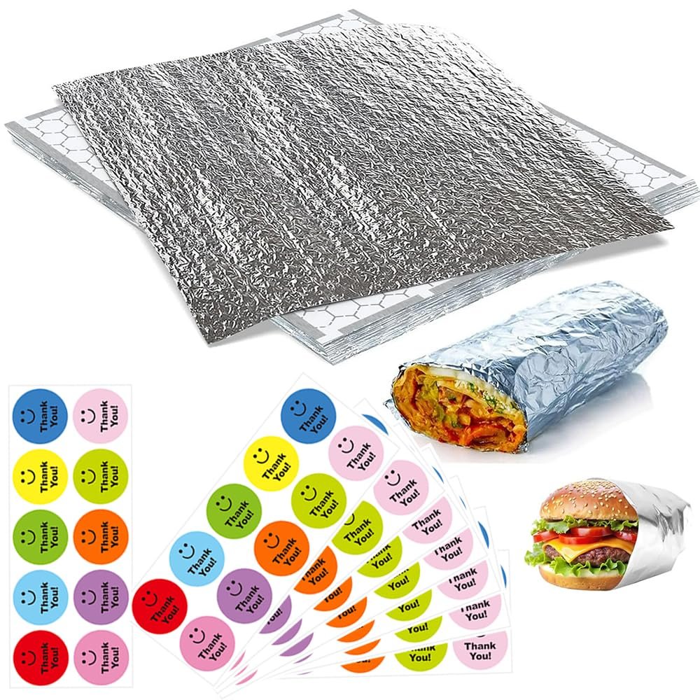 Aieraczy 100 Sheets Insulation Sandwich Wrapping Paper Aluminum Foil Sheets, 12" x 12" Pre-Cut Foil Sheets for Food, Sandwich Paper Wraps, for Burrito Wrappers, Hamburger Hot Dogs BBQ