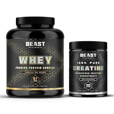 Beast Whey Protein Powder 2kg + Creatine 500g 2 Pack Bundle for Strength and Muscles - Vanilla Whey and Unflavoured Creatine