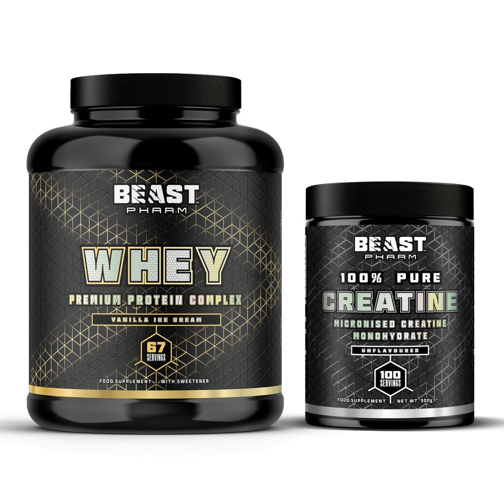 Beast Whey Protein Powder 2kg + Creatine 500g 2 Pack Bundle for Strength and Muscles - Vanilla Whey and Unflavoured Creatine