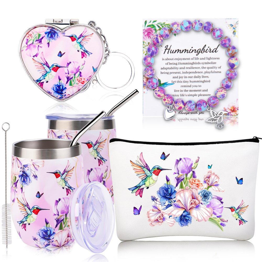 Mother's Day Gifts for Mom from Daughter Son, Hummingbird Gift Basket Set with Jewelry Bracelet, Makeup Bag, Coffee Mug & Keychain Mirror, Unique Gifts for Mom Grandma Her on Mother's Day, color-A