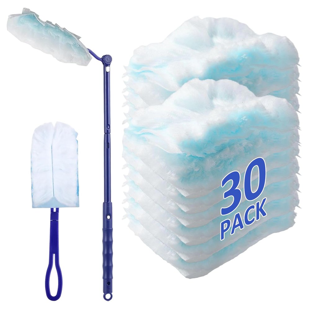 30 Pcs Fluffy Dusters Refills, Disposable Electrostatic Duster with 1 Handle and 1 Dust Magnet Telescopic Pole, Dust Magnet Refill for for Home and Car Cleaning