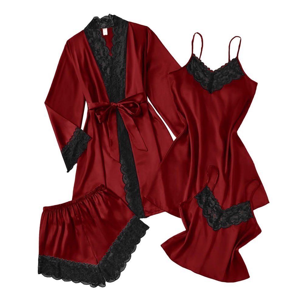 Airport Outfits for Women Sexy Lingerie Sets Satin Silk Pjs Sleepwear Ladies Pajamas 4 Piece Set Floral Lace Trim Bathrobe Nightwear Short Robe Nightdress Cami Bras Underwear Robes with Belt S-3XL