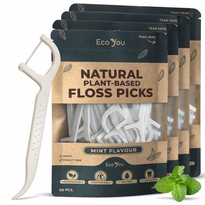 EcoYou Biodegradable Floss Picks | 50 Count (4 Pack) | Mint Flavor, Candelilla Wax | Pfas Free | Sustainable & Reusable | Vegan & Cruelty-Free | Eco Floss Picks