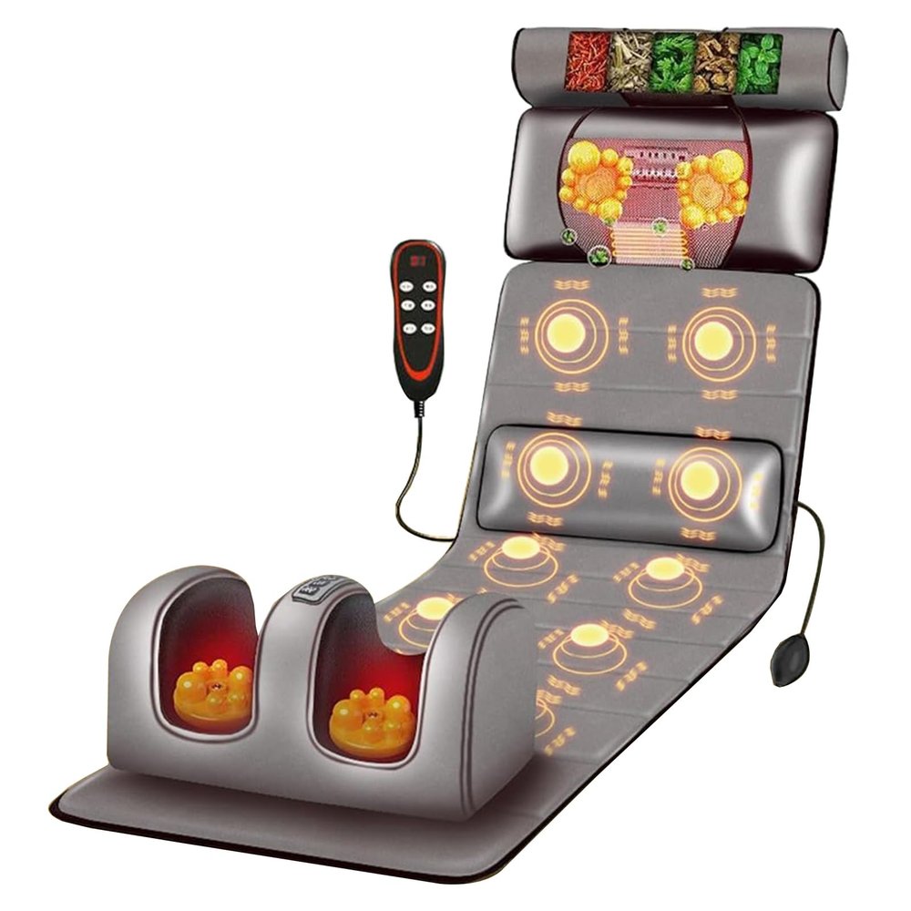 Full Body Massage Mattress - 3 in 1 Heat and Shiatsu Neck and Back Massager for Home and Office Muscle Relaxation with Adjustable Pillows and Heating Pads