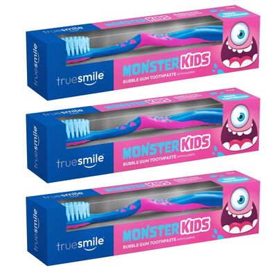 Truesmile Monster Kids Bubblegum Toothpaste with Fluoride, Pink and Blue Toothbrush Set, 3 x 75ml Trio Pack