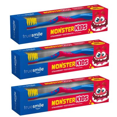 Truesmile Kids Monster Strawberry Toothpaste with Fluoride, Red and Blue Toothbrush Set, 3 x 75ml Trio Pack