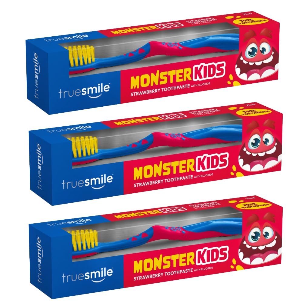 Truesmile Kids Monster Strawberry Toothpaste with Fluoride, Red and Blue Toothbrush Set, 3 x 75ml Trio Pack