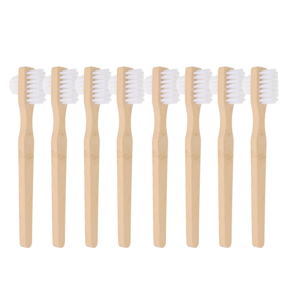 VICASKY Denture Cleaning Brush Set Nylon Bristles Dual Brush Head Shape 8pcs with Ergonomic Anti-Slip Bamboo Handle for Dentures Oral Appliance Care at Home and Travel