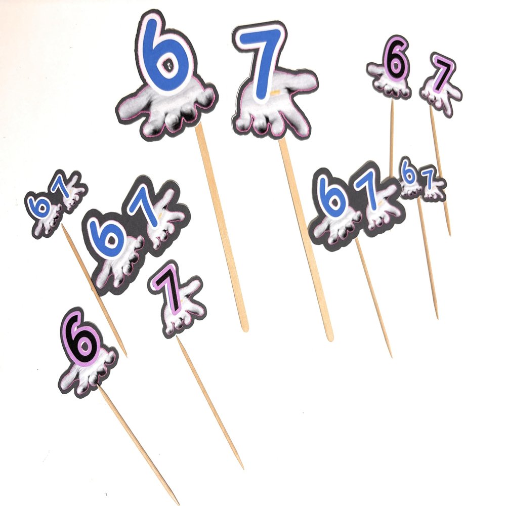 Six Seven Meme Cake Toppers, 6 7 Hands Cake Decorations, Food Picks for Party, 12 Pack Buffet Food Decorations on Wooden Sticks