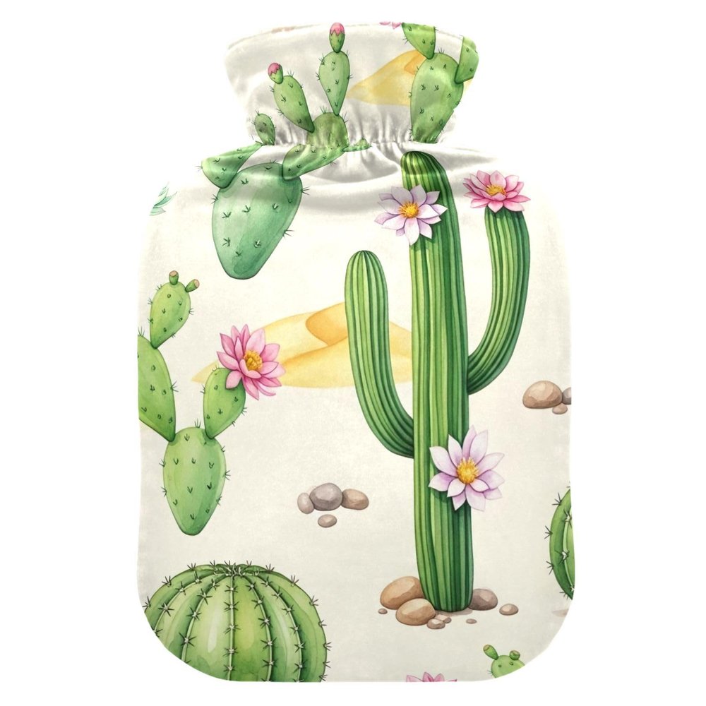 Green Cactus Cream Hot Water Bottles with Soft Cover Hand Feet Warmer Hot Water Bag for Pain Relief Small