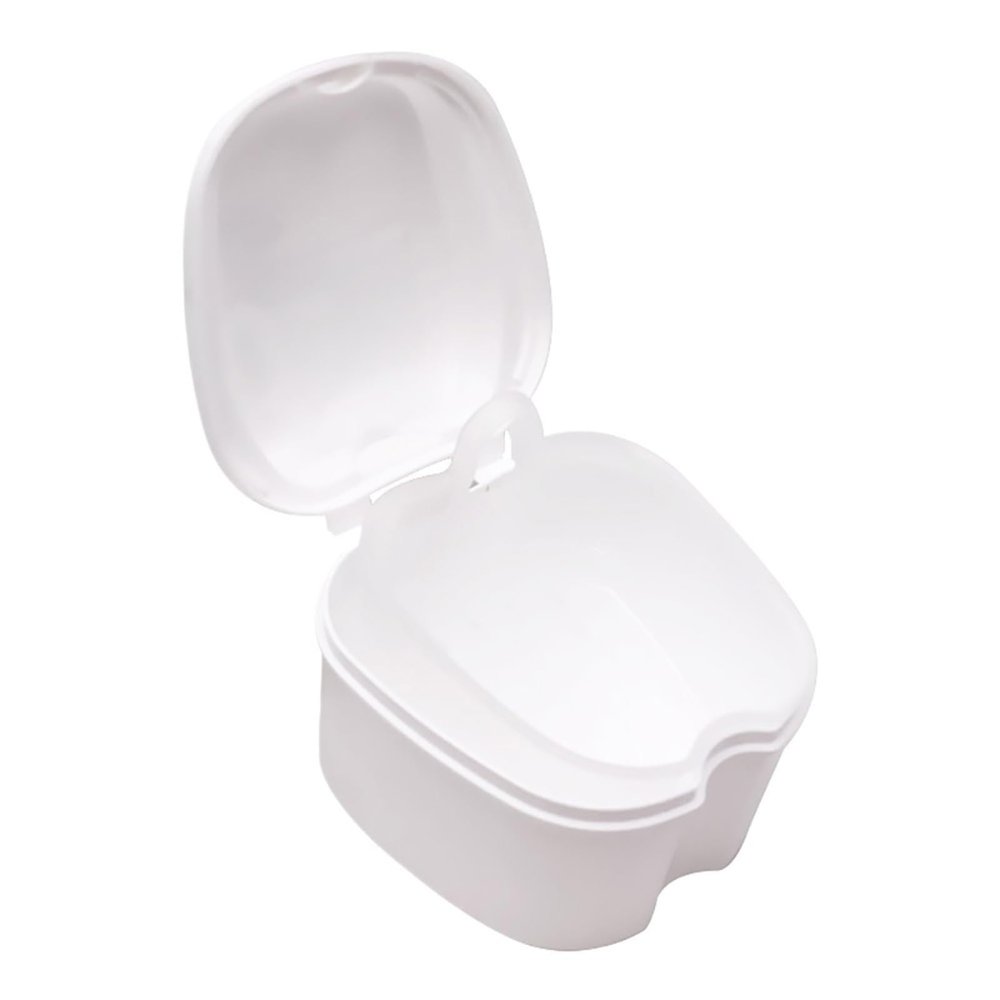 Denture Case 1pc Denture Bath Box Organizer Dental False Teeth Storage with Hanging Net Container Cleaning Cases(White)
