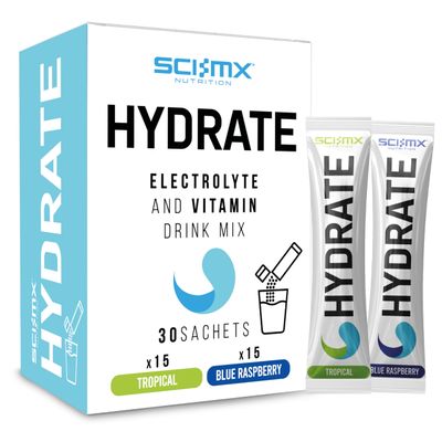 SCI-MX Electrolyte & Vitamin Hydration Powder Sticks 30 Sachets: Blue Raspberry & Tropical Flavours Energy Hydration Recovery Immunity Vegan + Caffeine-Free