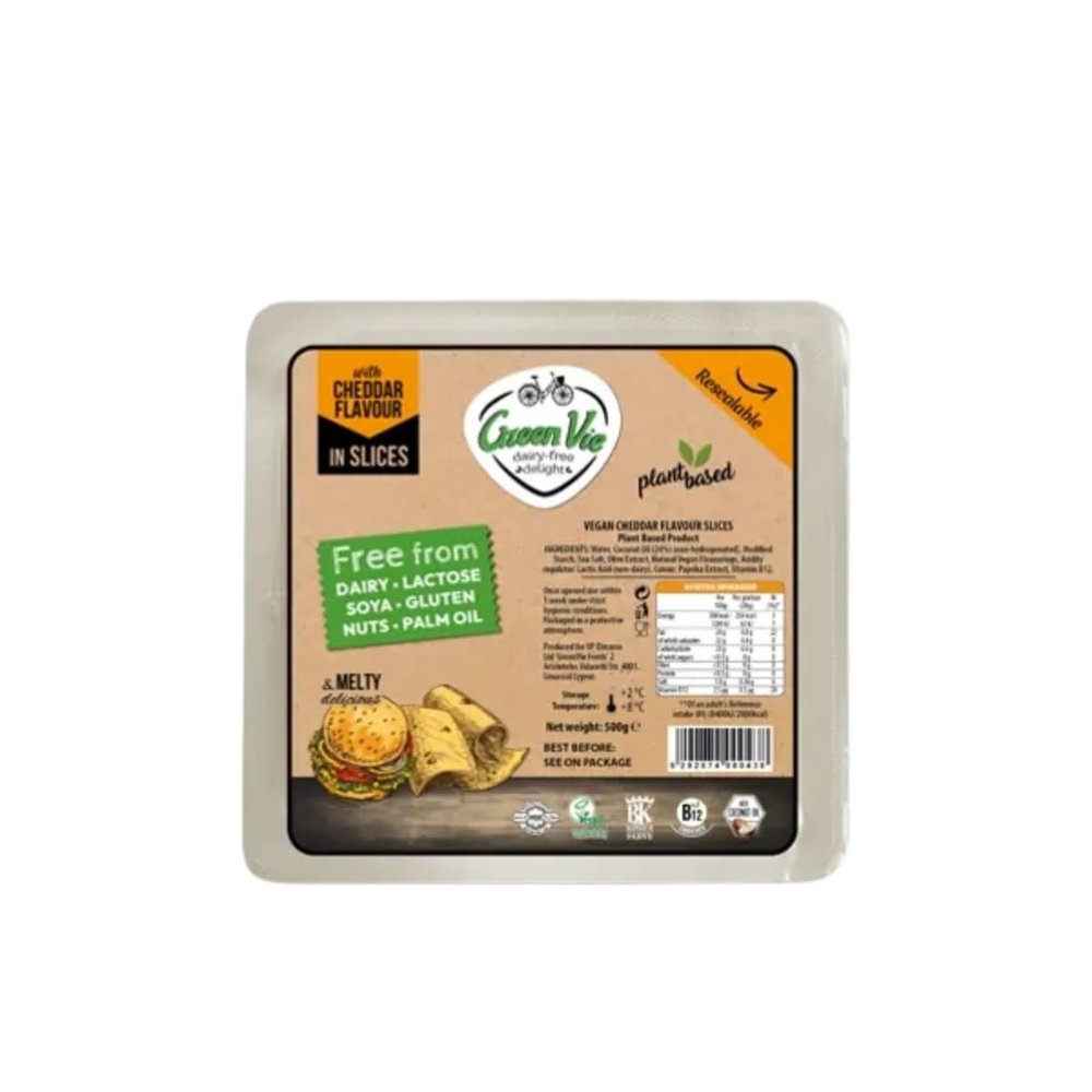 GreenVie Cheddar Slices 500g | 25 Vegan Cheese Slices | Cheddar-Style Alternative Melts Easily Vitamin B12 Free from 14 Allergens No Palm Oil or Preservatives
