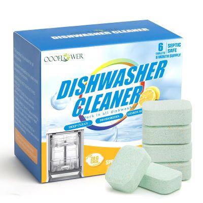 OOOFLOWER 6-Pack Dishwasher Cleaner Tablets, 20g Upgraded Deep Cleaning Descaler, Lemon Scent, Removes Odor, Limescale & Stains, Septic Safe, Fits All Dishwasher