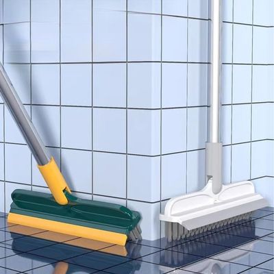2 in 1 Floor Grout Scrub Brush with Long Handle,V-Shape Stiff Bristle Cleaning Brush with Squeegee 120Rotating for Cleaning Bathroom Glass Kitchen (Grey)