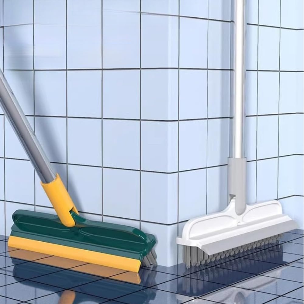 2 in 1 Floor Grout Scrub Brush with Long Handle,V-Shape Stiff Bristle Cleaning Brush with Squeegee 120Rotating for Cleaning Bathroom Glass Kitchen (Grey)