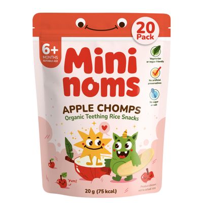 MININOMS Apple Chomps Organic Baby Snacks, Teething Rice Snack for 6+ Months 20g (20 Pack) | Fruit-Flavoured Rusks for Self-Weaning Training in Babies & Toddlers | Healthy, Vegan & Not Ultra-Processed