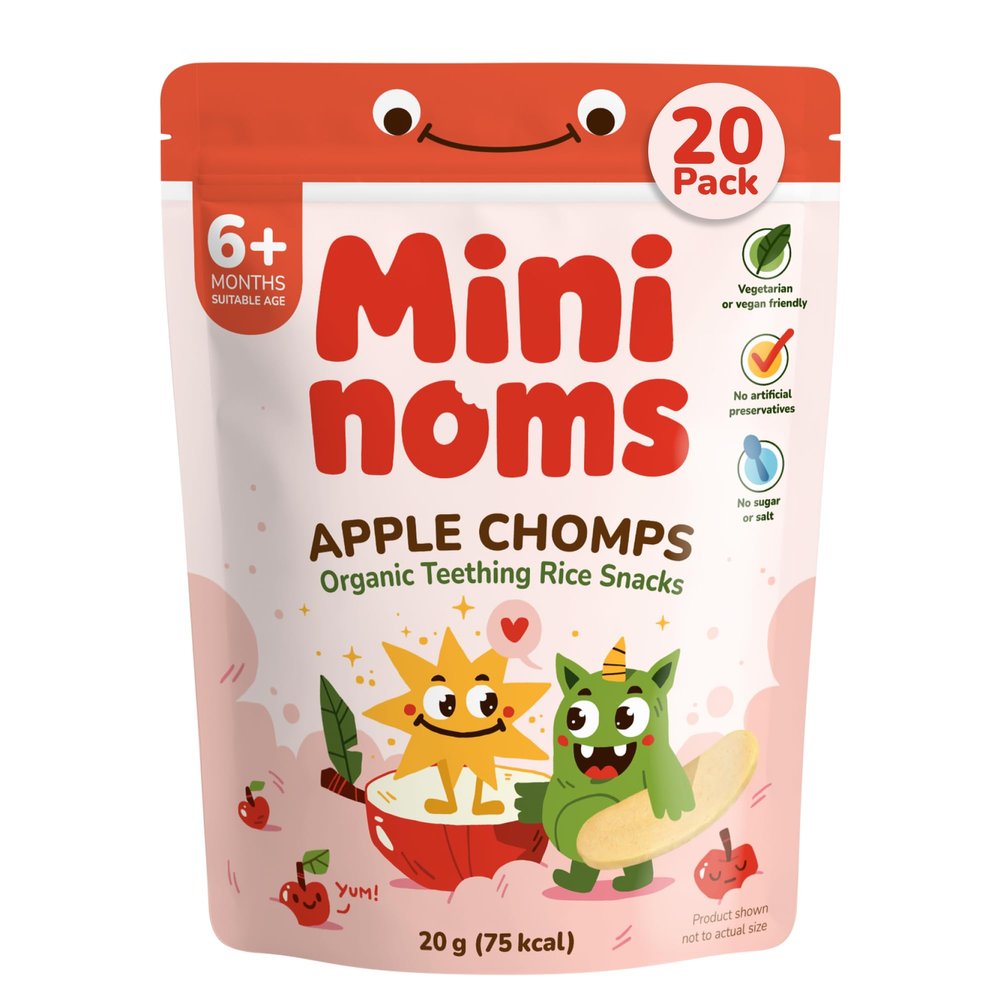 MININOMS Apple Chomps Organic Baby Snacks, Teething Rice Snack for 6+ Months 20g (20 Pack) | Fruit-Flavoured Rusks for Self-Weaning Training in Babies & Toddlers | Healthy, Vegan & Not Ultra-Processed