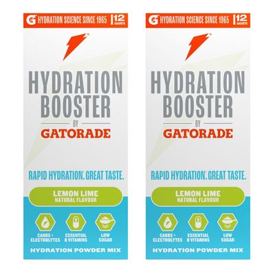 Hydration Booster by Gatorade Carbohydrate-Electrolyte Sachets - Hydration Powder Drink Mix with Carbohydrates, Electrolytes and B Vitamins 24 Servings (Pack of 2) (Lemon Lime)