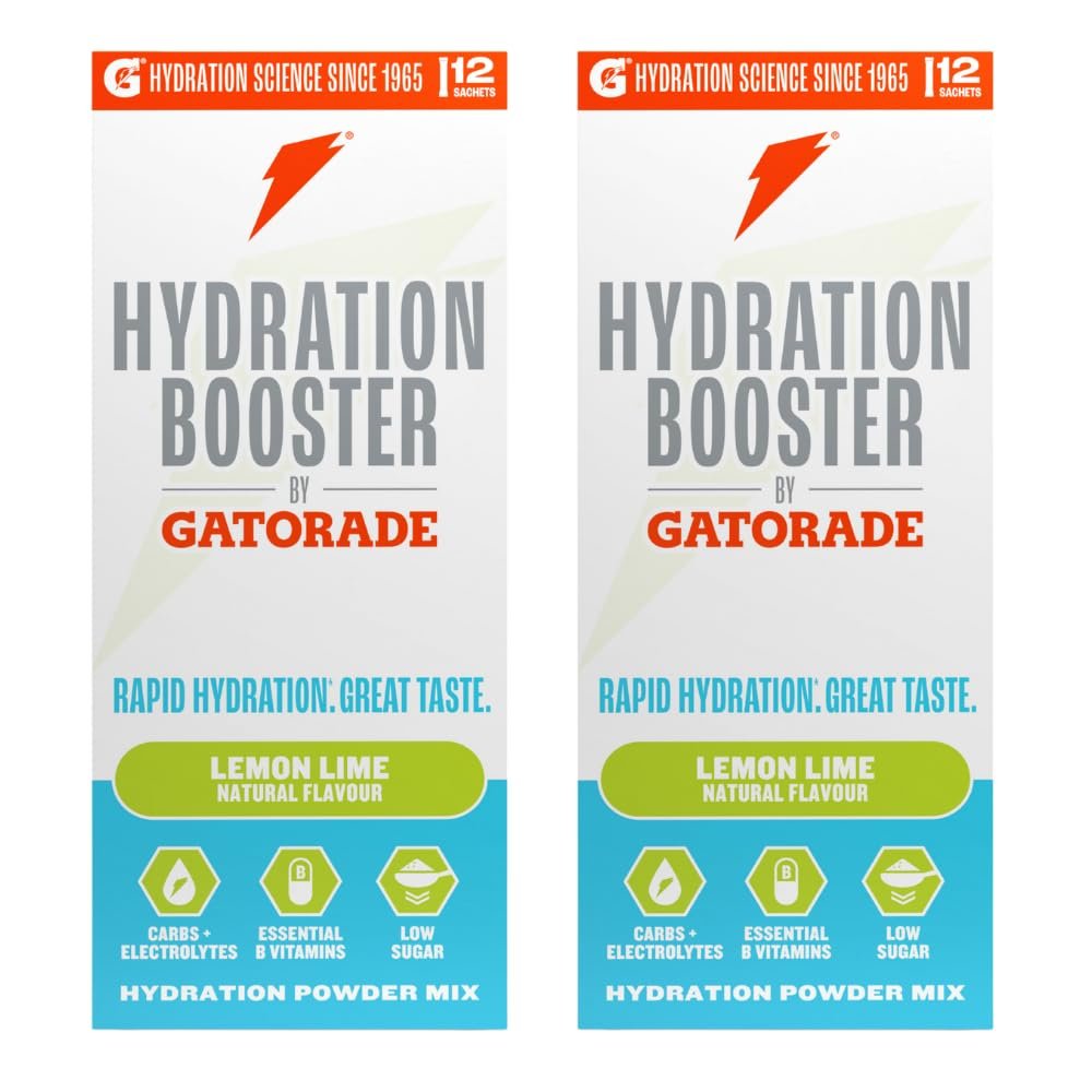 Hydration Booster by Gatorade Carbohydrate-Electrolyte Sachets - Hydration Powder Drink Mix with Carbohydrates, Electrolytes and B Vitamins 24 Servings (Pack of 2) (Lemon Lime)