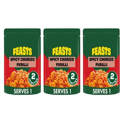 Feasts Spicy Chorizo Fusilli Ready Meal with Tomato Sauce, Free From Artificial Colours and Preservatives, 250g, Serves 1,Pack Of 3