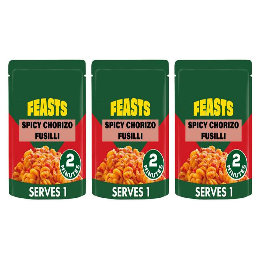 Feasts Spicy Chorizo Fusilli Ready Meal with Tomato Sauce, Free From Artificial Colours and Preservatives, 250g, Serves 1,Pack Of 3