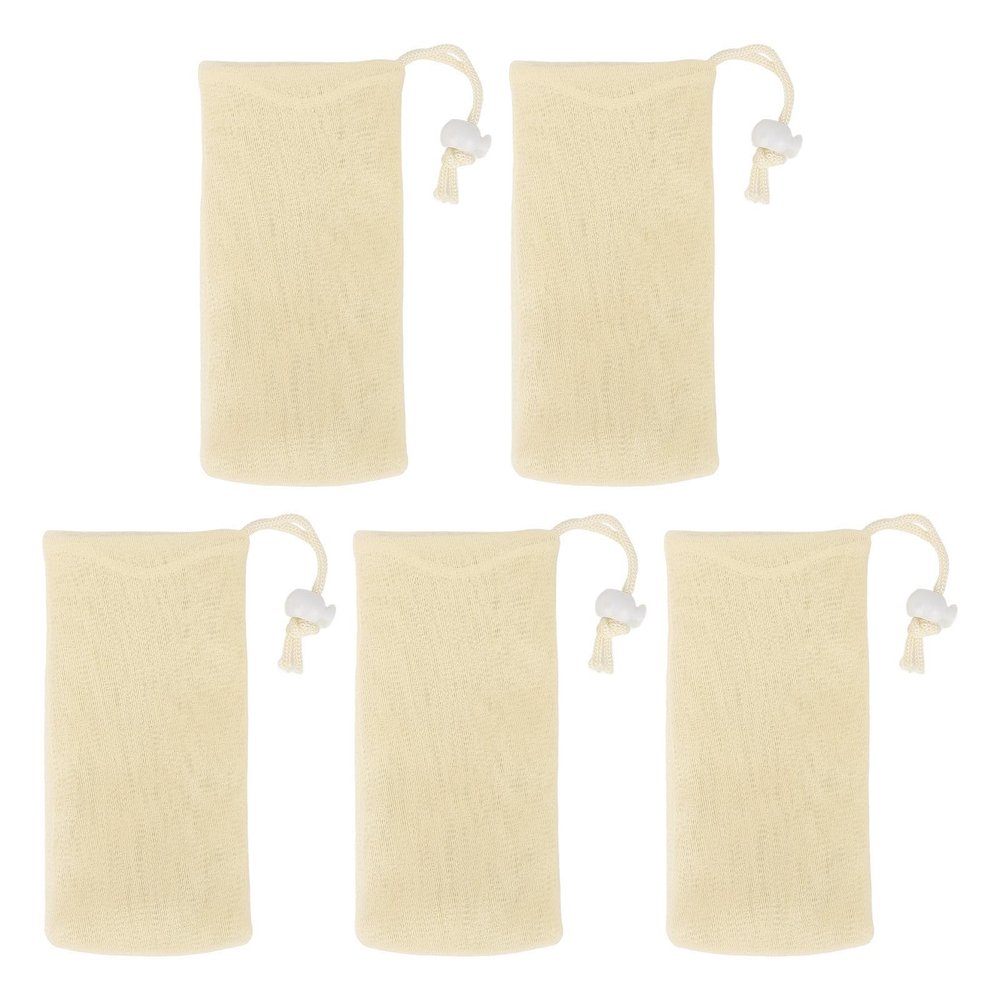 Mesh Soap Pouches Soft Multi Layers Foam Net Soap Drawstring Holder Bags for Bathroom Beige 5pcs Durable PE Material Creates Rich Bubbles Perfect for Face Soap Craft Soap