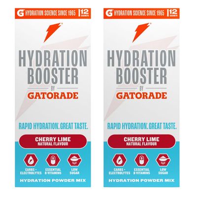 Hydration Booster by Gatorade Carbohydrate-Electrolyte Sachets - Hydration Powder Drink Mix with Carbohydrates, Electrolytes and B Vitamins 24 Servings (Pack of 2) (Cherry Lime)