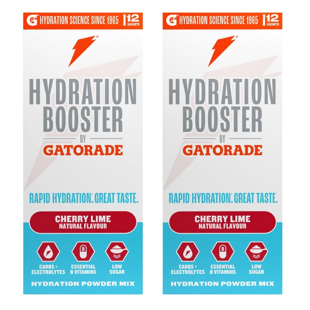 Hydration Booster by Gatorade Carbohydrate-Electrolyte Sachets - Hydration Powder Drink Mix with Carbohydrates, Electrolytes and B Vitamins 24 Servings (Pack of 2) (Cherry Lime)