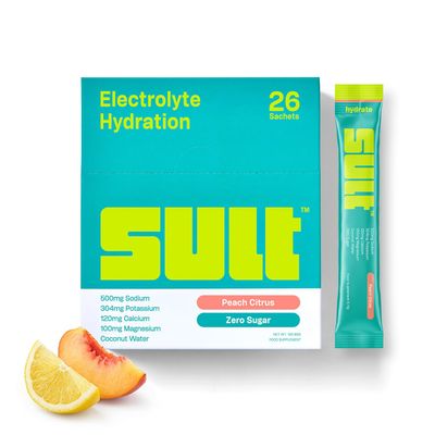 SULT Hydrate Electrolyte Sachets | Zero Sugar | 6 Electrolytes | 500mg Sodium | Coconut Water | 26 Pack | Peach Citrus | Vegan, Non-GMO | Made in UK