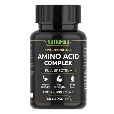 Amino Acid Supplements Full Spectrum All BCAA, EAA + Vitamin C & Botanical Blend High Strength, Free Form 60 Vegan Capsules | By NutriMali