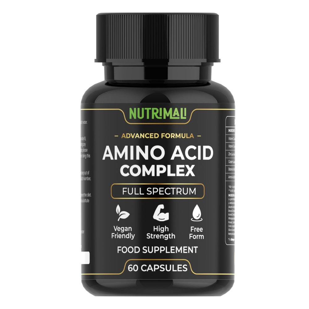 Amino Acid Supplements Full Spectrum All BCAA, EAA + Vitamin C & Botanical Blend High Strength, Free Form 60 Vegan Capsules | By NutriMali