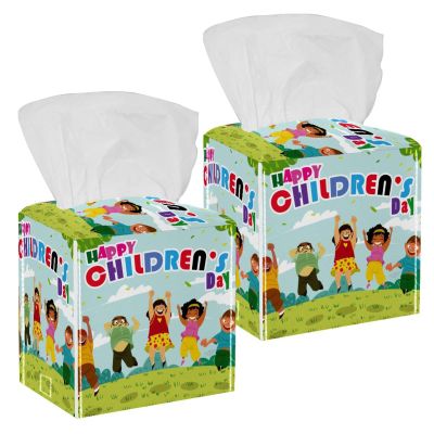 2PCS Square Tissue Box Cover, Happy Childrens Day Leather Tissue Case Facial Paper Organizer Dispenser for Vanity Toilet Tank Dresser Night Stand Table Countertop Office Car