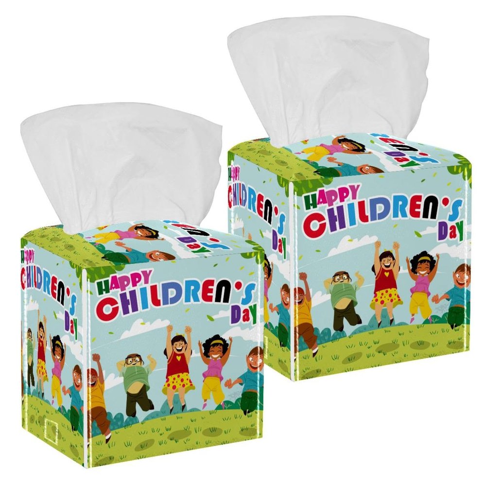 2PCS Square Tissue Box Cover, Happy Childrens Day Leather Tissue Case Facial Paper Organizer Dispenser for Vanity Toilet Tank Dresser Night Stand Table Countertop Office Car