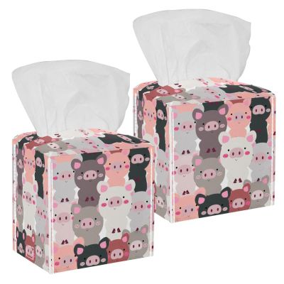 2PCS Square Tissue Box Cover, Pig Animals Leather Tissue Case Facial Paper Organizer Dispenser for Vanity Toilet Tank Dresser Night Stand Table Countertop Office Car
