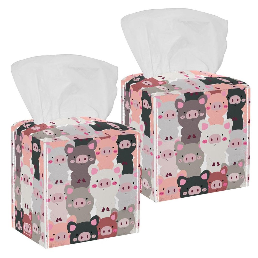 2PCS Square Tissue Box Cover, Pig Animals Leather Tissue Case Facial Paper Organizer Dispenser for Vanity Toilet Tank Dresser Night Stand Table Countertop Office Car