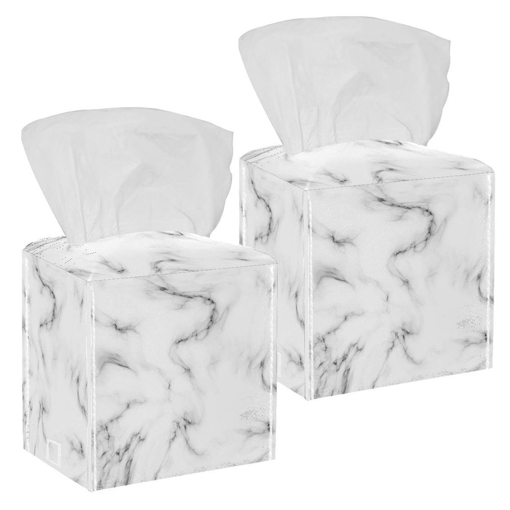 2PCS Square Tissue Box Cover, Marble White Leather Tissue Case Facial Paper Organizer Dispenser for Vanity Toilet Tank Dresser Night Stand Table Countertop Office Car