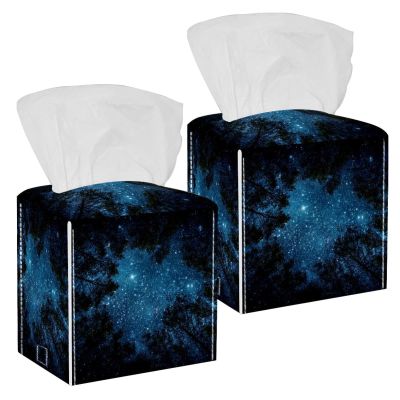 2PCS Square Tissue Box Cover, The Milky Way Forest Leather Tissue Case Facial Paper Organizer Dispenser for Vanity Toilet Tank Dresser Night Stand Table Countertop Office Car