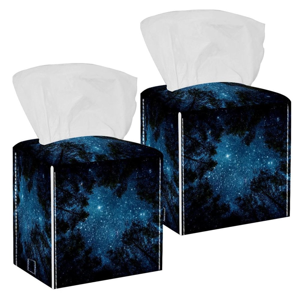 2PCS Square Tissue Box Cover, The Milky Way Forest Leather Tissue Case Facial Paper Organizer Dispenser for Vanity Toilet Tank Dresser Night Stand Table Countertop Office Car