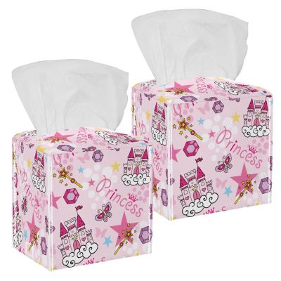 2PCS Square Tissue Box Cover, Princess Castle Magic Stick Pink Leather Tissue Case Facial Paper Organizer Dispenser for Vanity Toilet Tank Dresser Night Stand Table Countertop Office Car
