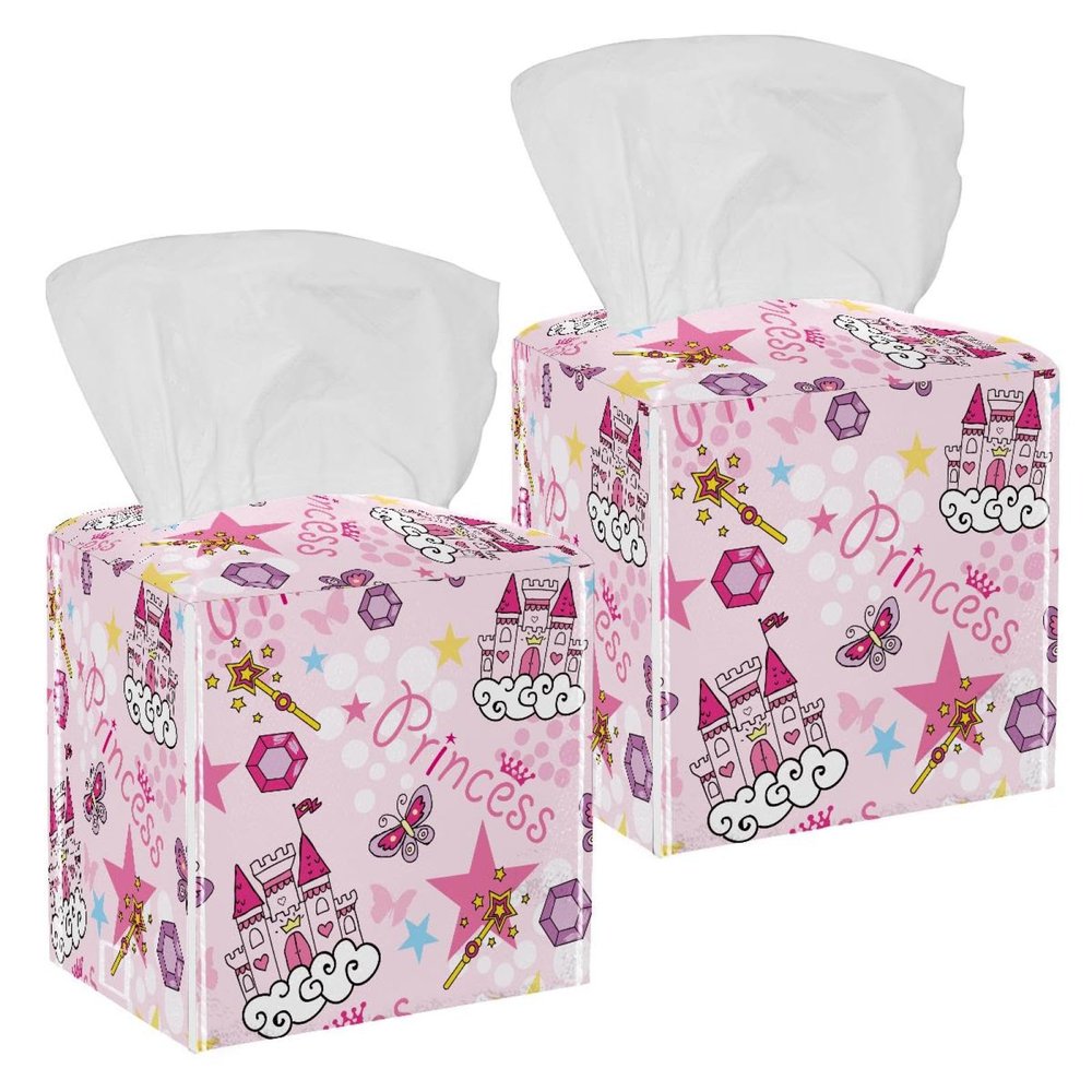 2PCS Square Tissue Box Cover, Princess Castle Magic Stick Pink Leather Tissue Case Facial Paper Organizer Dispenser for Vanity Toilet Tank Dresser Night Stand Table Countertop Office Car