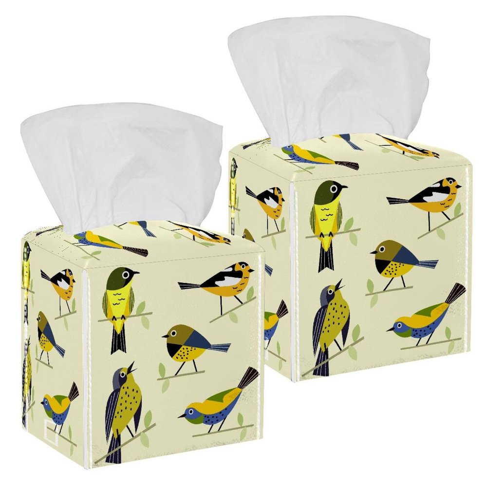 2PCS Square Tissue Box Cover, Birds Leather Tissue Case Facial Paper Organizer Dispenser for Vanity Toilet Tank Dresser Night Stand Table Countertop Office Car