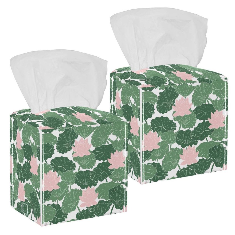 2PCS Square Tissue Box Cover, Flower Lotus Leaves Leather Tissue Case Facial Paper Organizer Dispenser for Vanity Toilet Tank Dresser Night Stand Table Countertop Office Car