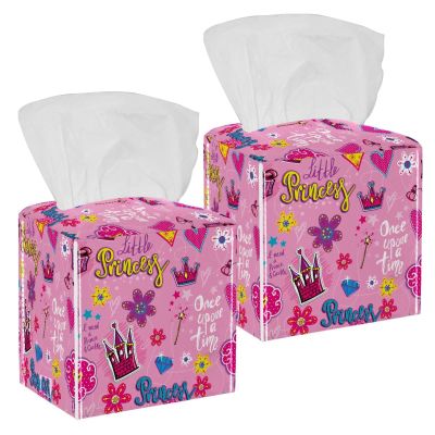 2PCS Square Tissue Box Cover, Pink Princess Crown Leather Tissue Case Facial Paper Organizer Dispenser for Vanity Toilet Tank Dresser Night Stand Table Countertop Office Car